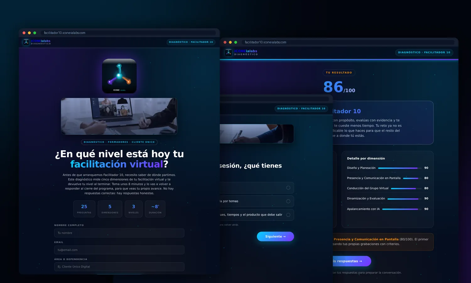 El diagnóstico Facilitador 10 en funcionamiento: portada, pregunta y pantalla de resultado